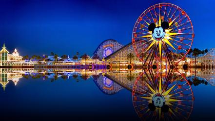 City lights cityscapes ferris wheels landscapes reflective wallpaper