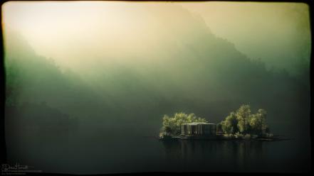 Digital art houses islands lakes mist wallpaper