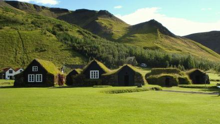 Iceland buildings grass houses landscapes wallpaper