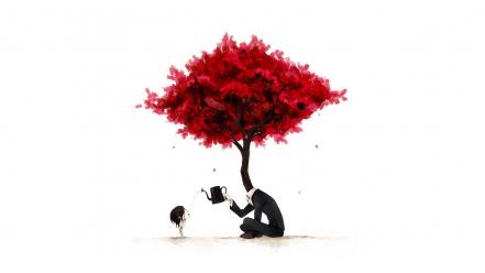 Abstract minimalistic trees red simple background white wallpaper
