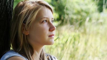 Blondes women landscapes trees blue eyes grass teen wallpaper
