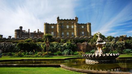 Garden buildings skies wallpaper