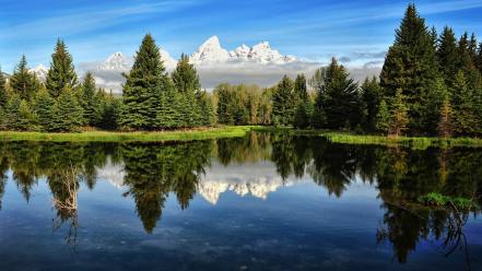 Mountains landscapes nature trees lakes skyscapes reflections wallpaper