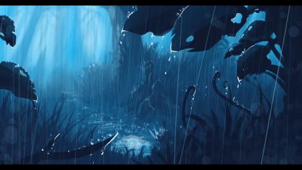 Dark forest grass leaves rain scenic wallpaper