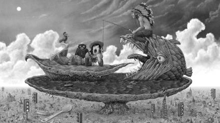 Indians clouds fish monochrome surreal art wallpaper