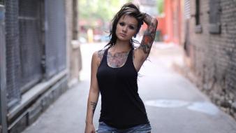 Brunettes tattoos women urban people piercings portraits wallpaper