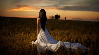 Brunettes women fields outdoors white dress wallpaper