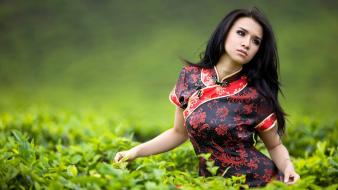 Kimono silk qipao black hair chinese clothes wallpaper