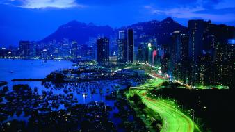 Mountains cityscapes lights buildings boats roads sea wallpaper