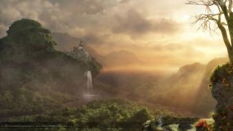 Mountains clouds trees jungle waterfalls graphics design wallpaper