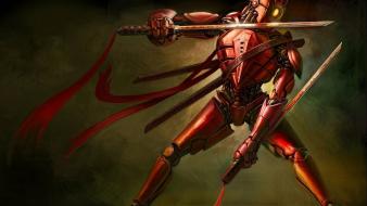 Red robots ninjas mecha artwork swords wallpaper