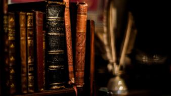Feathers books ancient blurred background shelves wallpaper