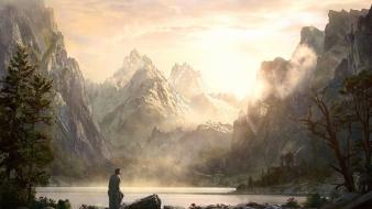 Mountains sun trees artwork rivers hero master piece wallpaper
