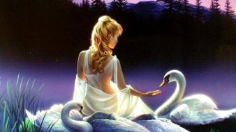 Women swans fantasy art artwork wallpaper