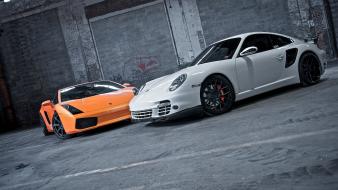Lamborghini gallardo porsche 911 cars orange white wallpaper