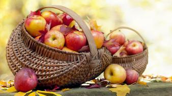 Apples autumn baskets fallen leaves fruits wallpaper