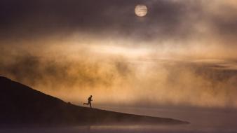 California moon fog lakes running wallpaper