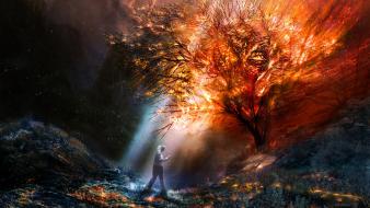 Alexius burning fantasy art flames looking up wallpaper