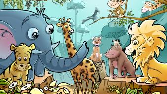 Children drawings elephants giraffes lions wallpaper