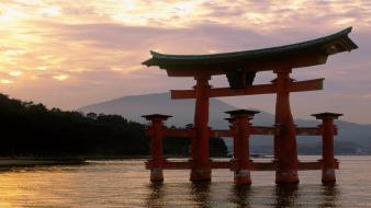 Itsukushima shrine japan sunset torii wallpaper