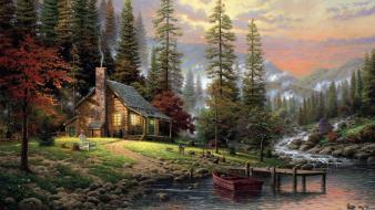 Thomas kinkade artwork cabin forests houses wallpaper