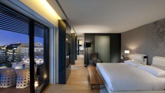 Beds hotel room interior design pillows wallpaper