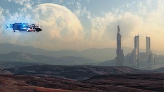 Digital art outer space planets science fiction spaceships wallpaper