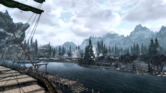 Scrolls v skyrim boats landscapes mountains outdoors wallpaper