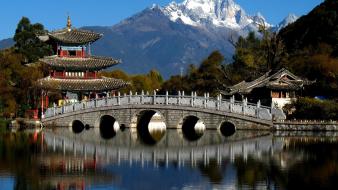 Asian architecture bridges lakes mountains nature wallpaper