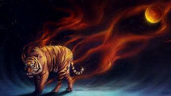 Stars animals tigers smoke moon fantasy art wallpaper