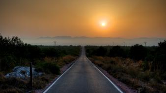 Sun horizon fields fog mist spain roads wallpaper