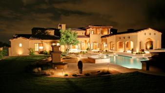 Architecture garden house night swimming pools wallpaper