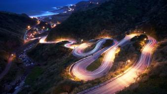 Lights long exposure mountains night roads wallpaper