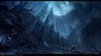 Chateau cityscapes dark moon drawings fantasy art wallpaper
