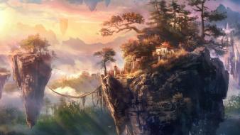 Artwork floating islands sunlight wallpaper