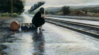 Brunettes trains train stations umbrellas waiting wallpaper