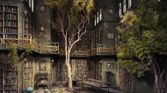 Abandoned books chairs dust globe wallpaper