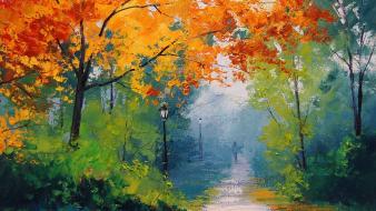 Autumn bushes lamp posts paint paintings wallpaper
