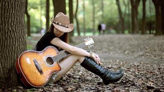Brunettes guitarists guitars hats high boots wallpaper