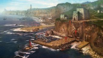 Fort boats fantasy art harbours landscapes wallpaper