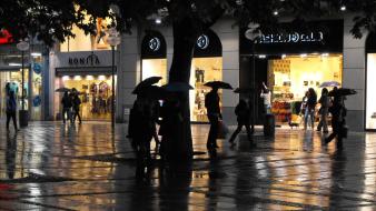 Rain trees umbrellas water drops wallpaper