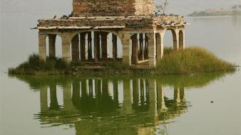 Landscapes ruins grass fog lakes wallpaper