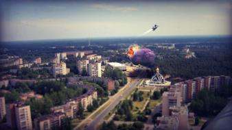 Cityscapes explosions town f-16 fighting falcon cities attack wallpaper