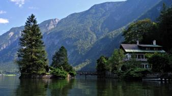 Clouds forests houses lakes landscapes wallpaper