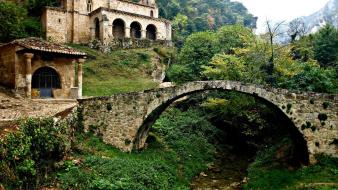 Forest grass houses rocks bridges spain ancient wallpaper