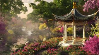 Nature trees flowers china natural design pagoda wallpaper