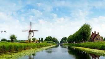 Water windmills skyscapes wallpaper