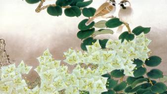 Flowers birds painted wallpaper