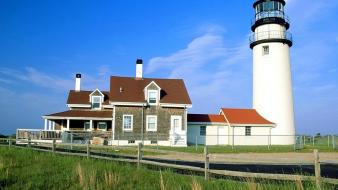 Grass houses lighthouses skyscapes wallpaper