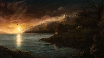 Landscapes houses fantasy art town snowy birds wallpaper